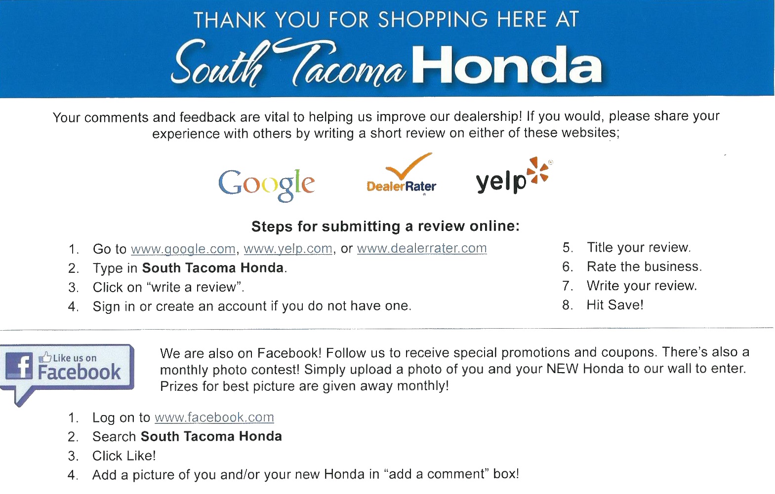 The Negative Review Reaction: Avoiding a negative review: Brand Reputation Management: I love this postcard I recently received from South Tacoma Honda after we had the airbag recall performed. They not only followed up but asked for a review AND gave us directions to make it easy! #BeTactical